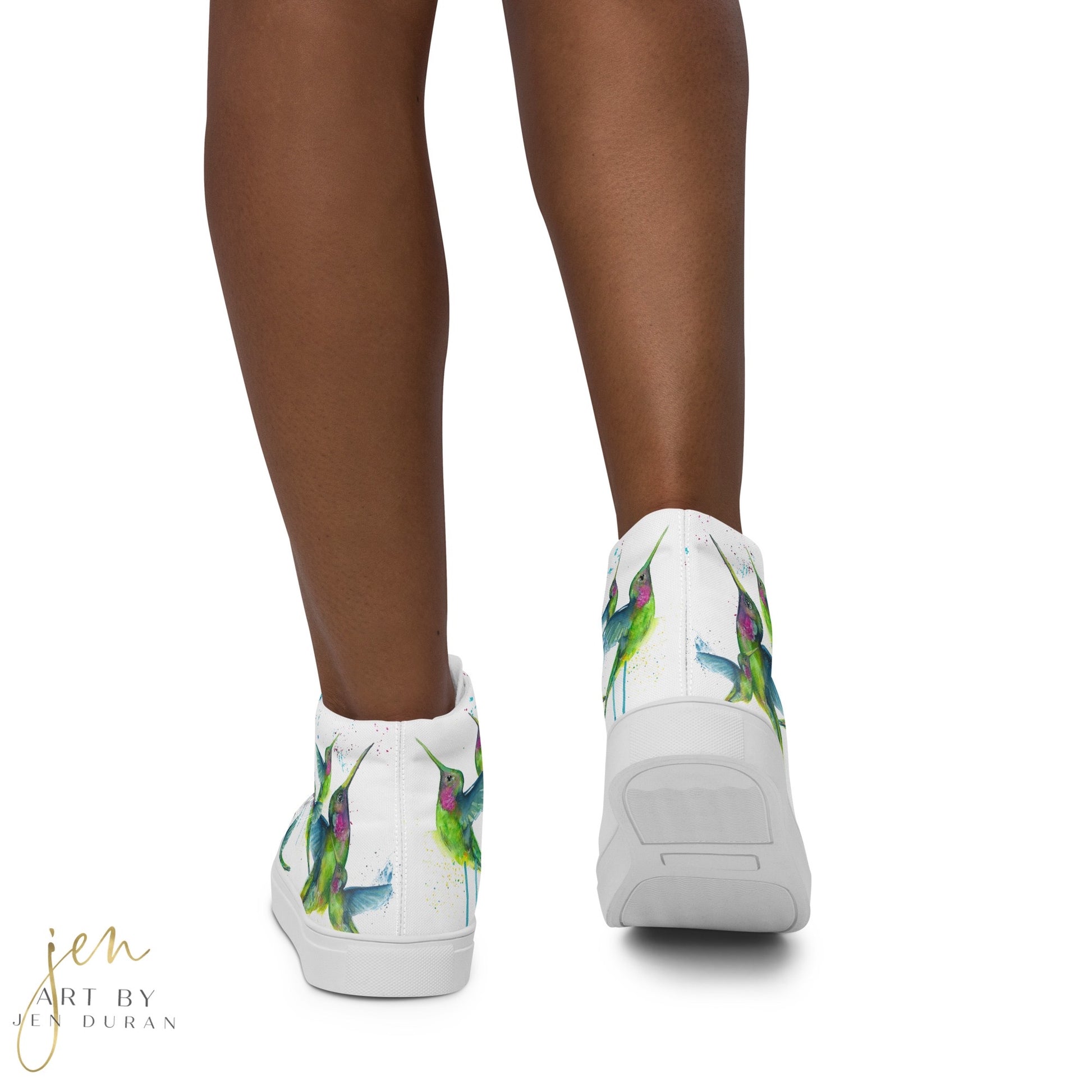 high top shoes, high top sneakers, canvas shoes, trendy shoes, watercolor hummingbird, popular shoes, unique shoe design, mens shoes, womens shoes, trendy fashion, art by jen duran