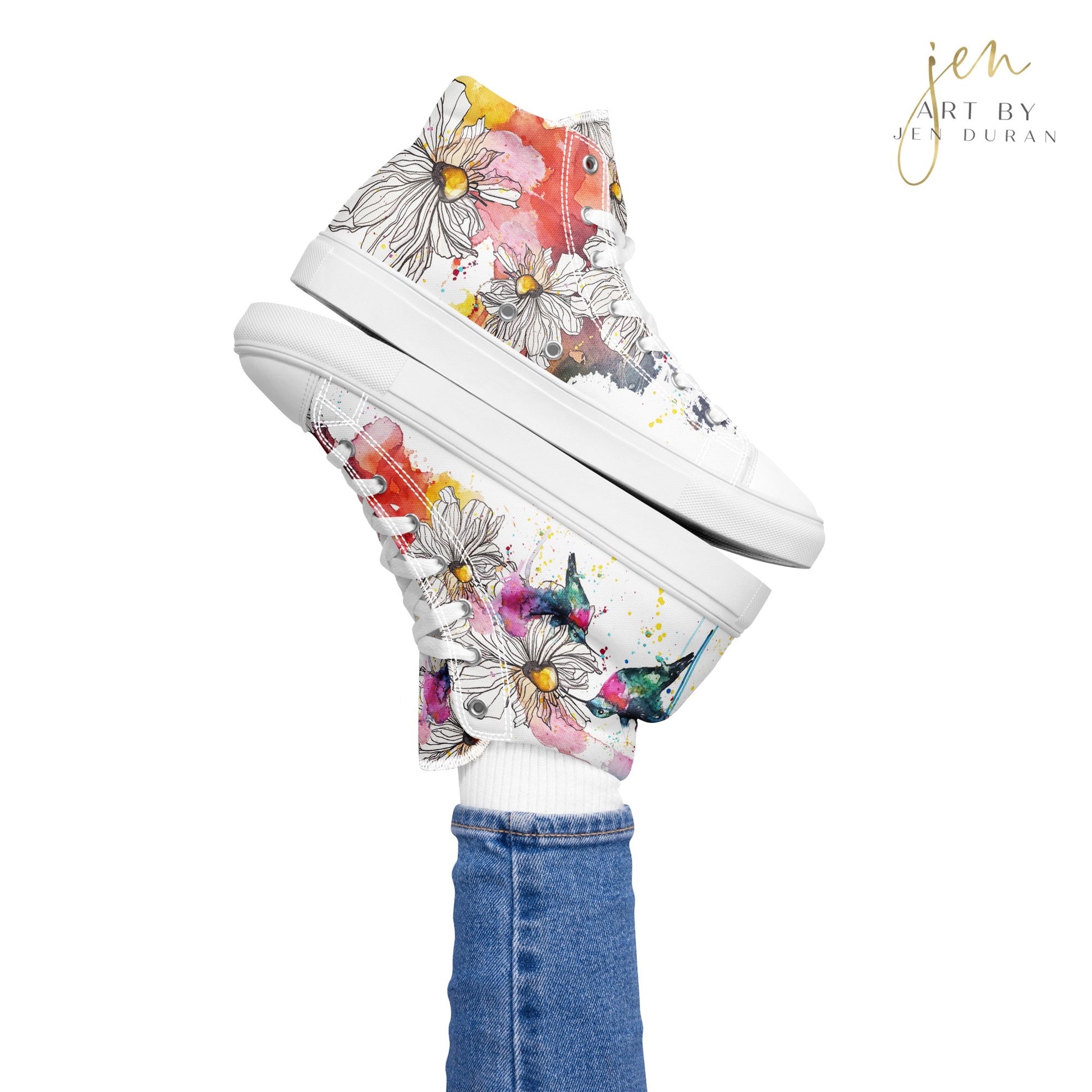 high top shoes, high top sneakers, canvas shoes, trendy shoes, watercolor hummingbird, popular shoes, unique shoe design, mens shoes, womens shoes, trendy fashion, art by jen duran