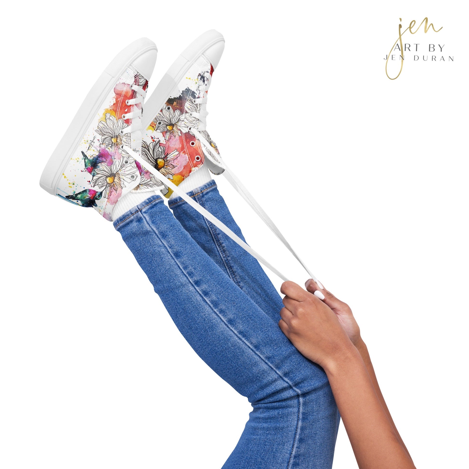 high top shoes, high top sneakers, canvas shoes, trendy shoes, watercolor hummingbird, popular shoes, unique shoe design, mens shoes, womens shoes, trendy fashion, art by jen duran