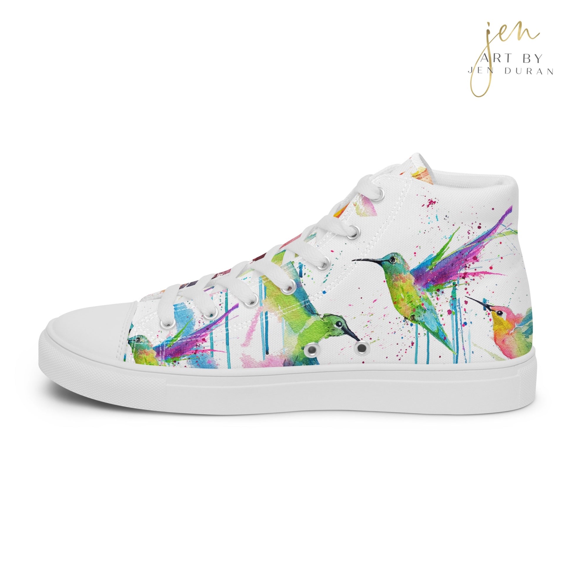 high top shoes, high top sneakers, canvas shoes, trendy shoes, watercolor hummingbird, popular shoes, unique shoe design, mens shoes, womens shoes, trendy fashion, art by jen duran