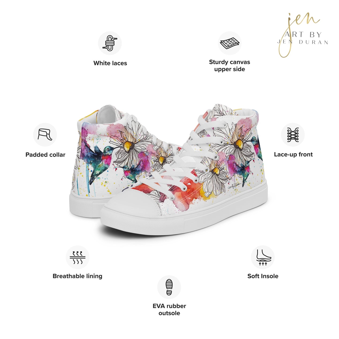 high top shoes, high top sneakers, canvas shoes, trendy shoes, watercolor hummingbird, popular shoes, unique shoe design, mens shoes, womens shoes, trendy fashion, art by jen duran