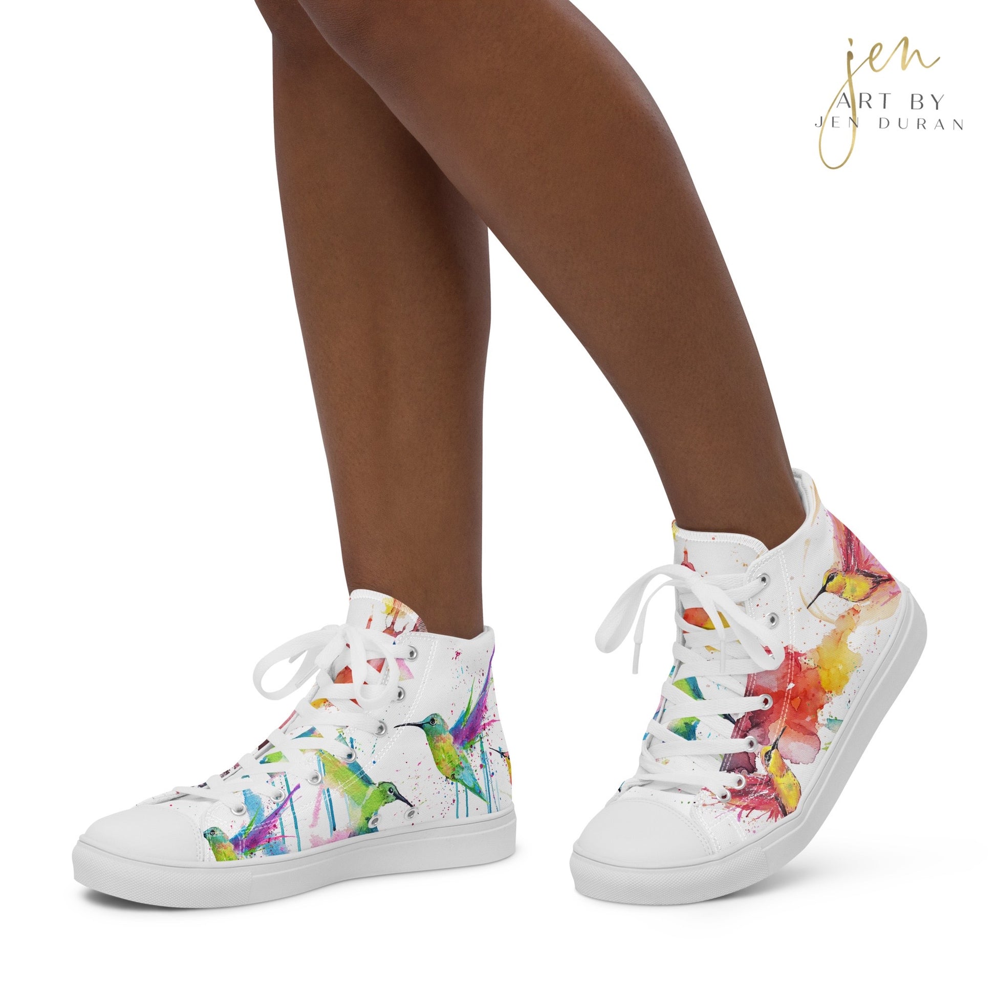high top shoes, high top sneakers, canvas shoes, trendy shoes, watercolor hummingbird, popular shoes, unique shoe design, mens shoes, womens shoes, trendy fashion, art by jen duran