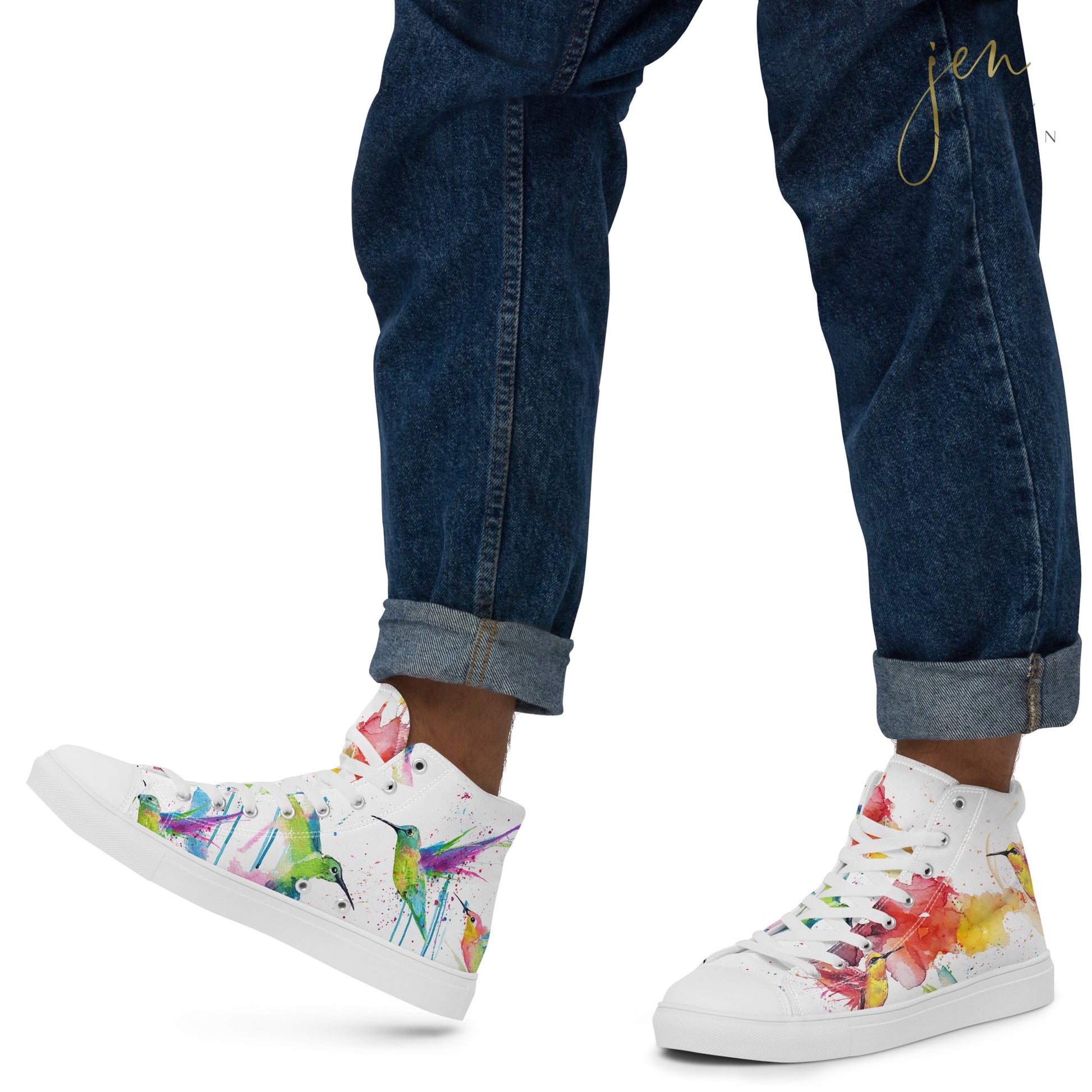 high top shoes, high top sneakers, canvas shoes, trendy shoes, watercolor hummingbird, popular shoes, unique shoe design, mens shoes, womens shoes, trendy fashion, art by jen duran