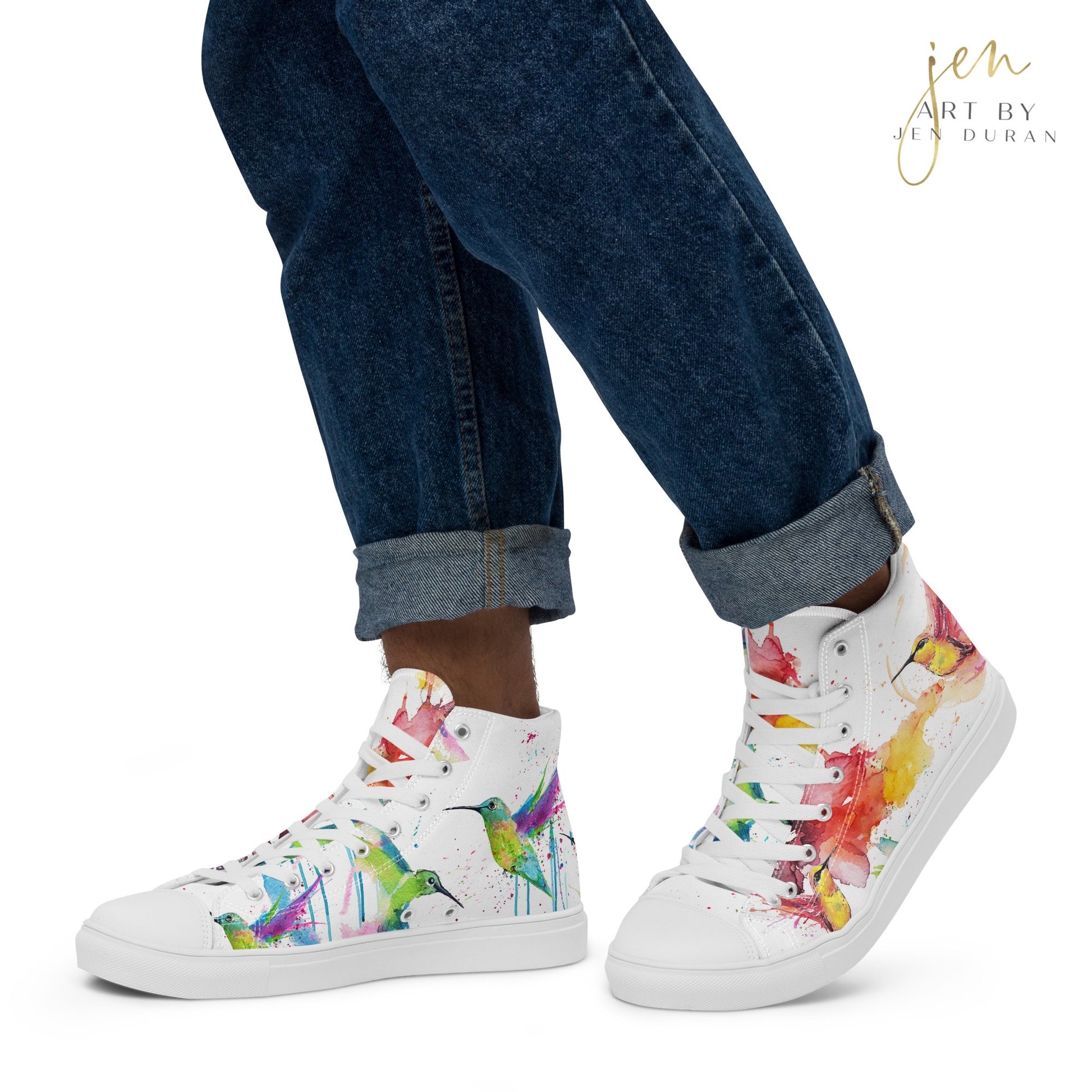 high top shoes, high top sneakers, canvas shoes, trendy shoes, watercolor hummingbird, popular shoes, unique shoe design, mens shoes, womens shoes, trendy fashion, art by jen duran
