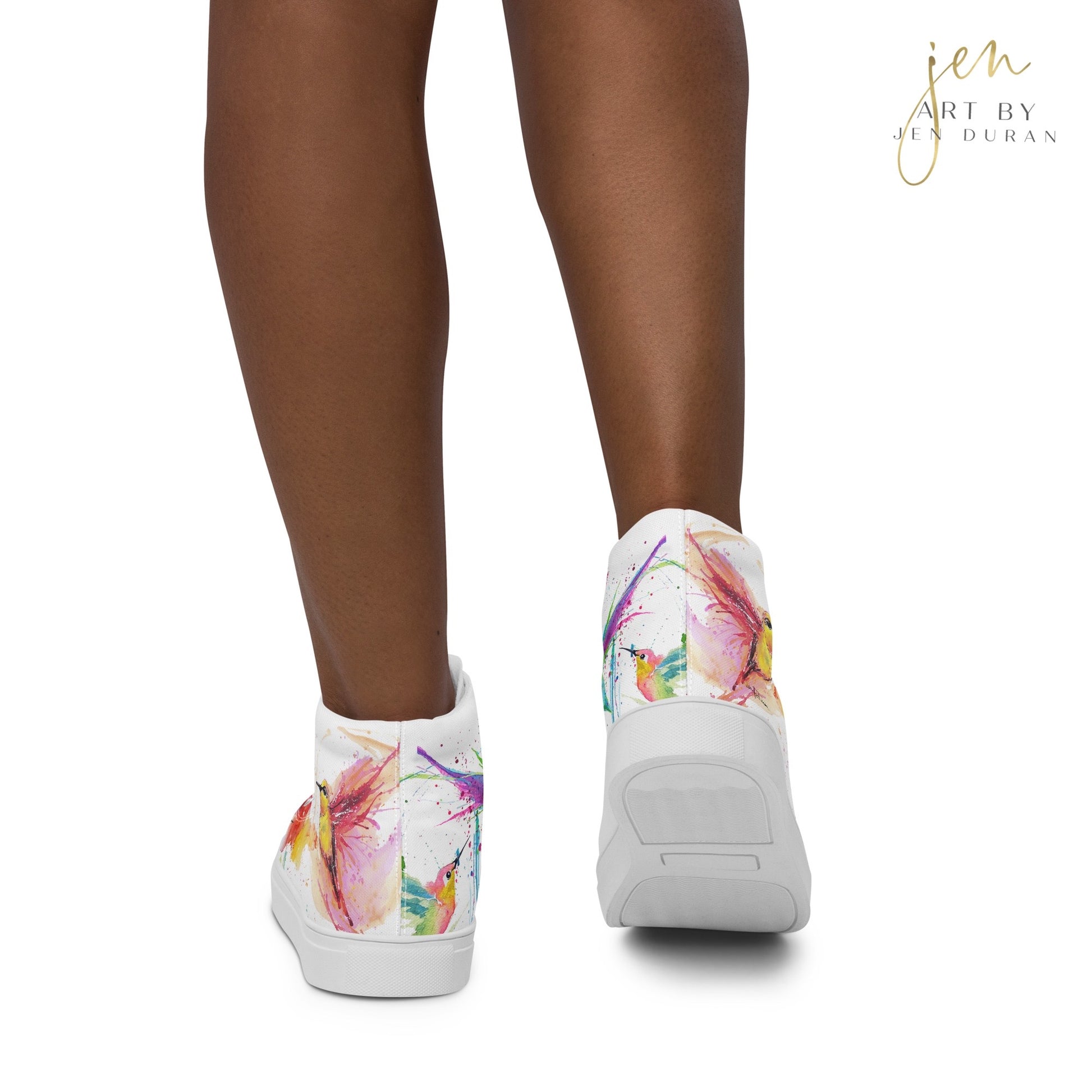 high top shoes, high top sneakers, canvas shoes, trendy shoes, watercolor hummingbird, popular shoes, unique shoe design, mens shoes, womens shoes, trendy fashion, art by jen duran