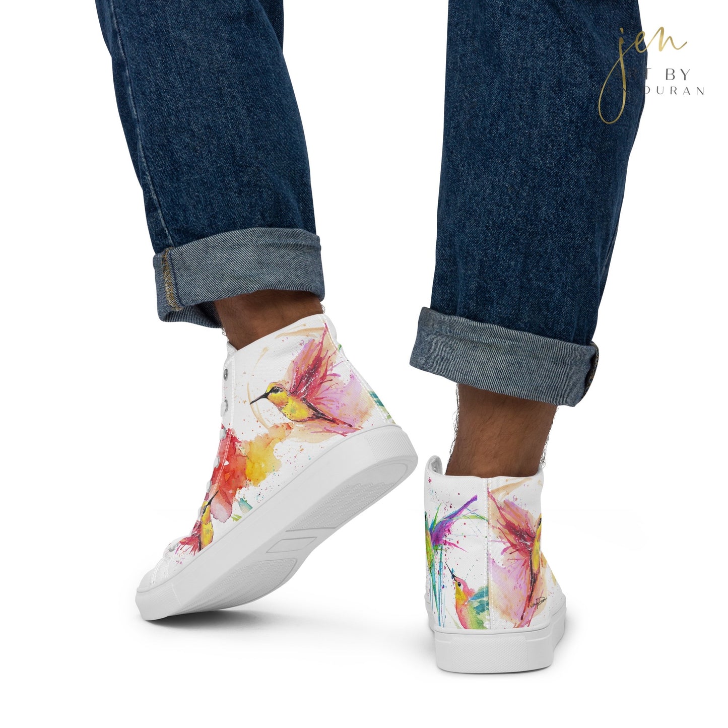 high top shoes, high top sneakers, canvas shoes, trendy shoes, watercolor hummingbird, popular shoes, unique shoe design, mens shoes, womens shoes, trendy fashion, art by jen duran
