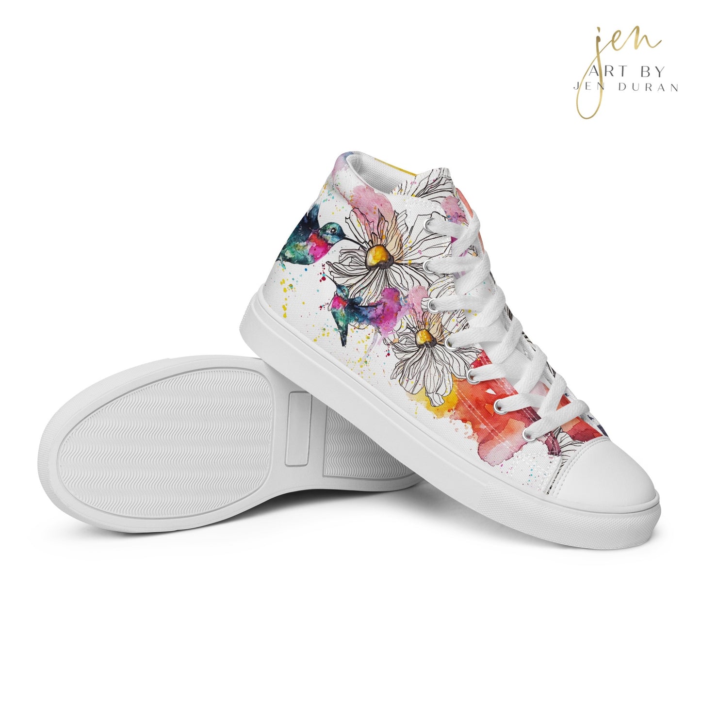 high top shoes, high top sneakers, canvas shoes, trendy shoes, watercolor hummingbird, popular shoes, unique shoe design, mens shoes, womens shoes, trendy fashion, art by jen duran