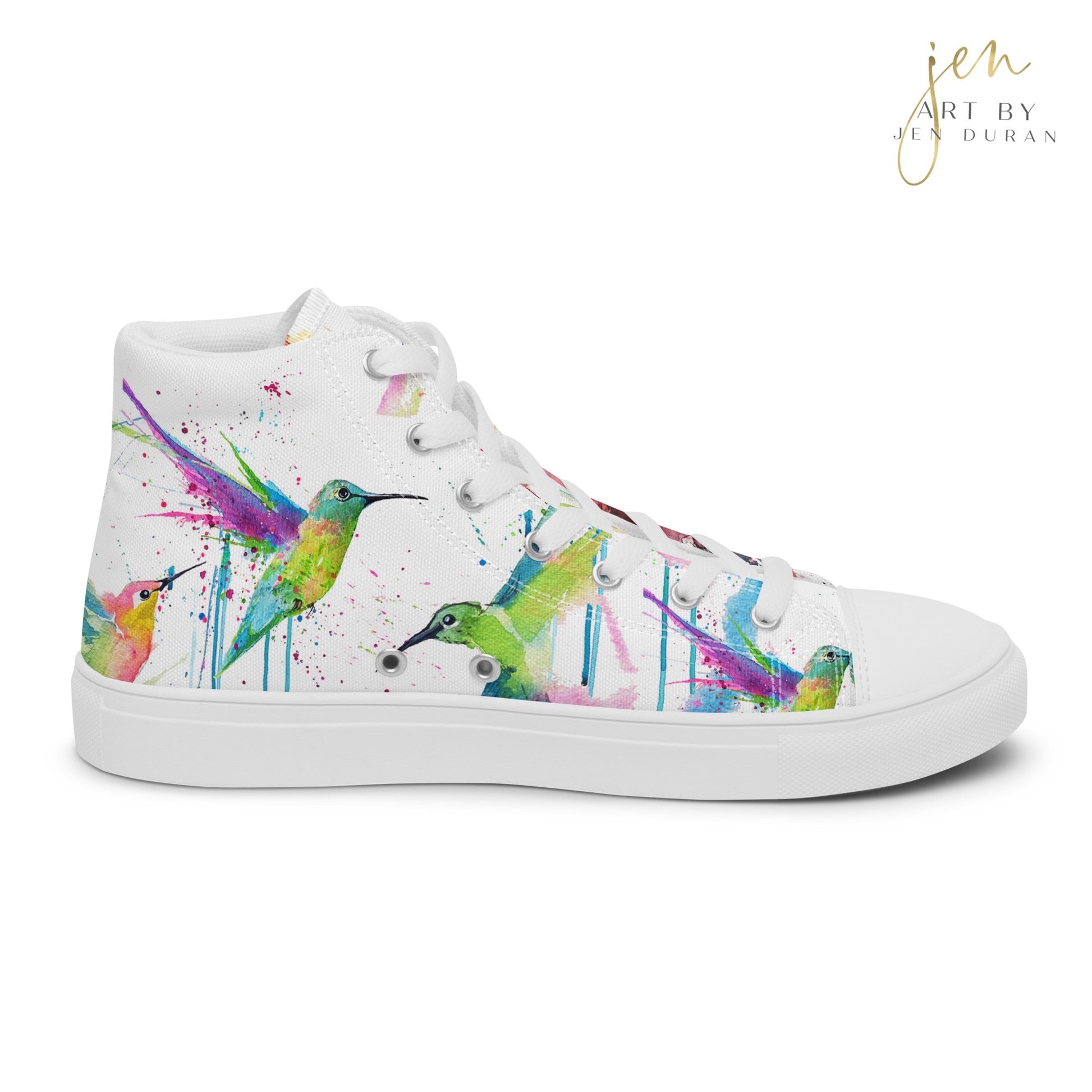 high top shoes, high top sneakers, canvas shoes, trendy shoes, watercolor hummingbird, popular shoes, unique shoe design, mens shoes, womens shoes, trendy fashion, art by jen duran