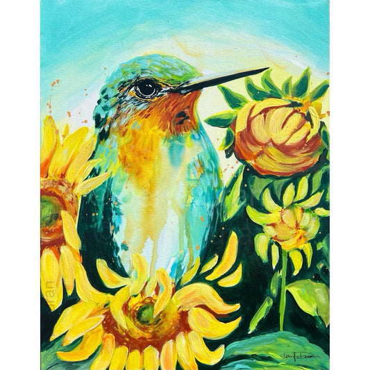 "Hummingbird with Sunflowers" Fine Art Paper Print
