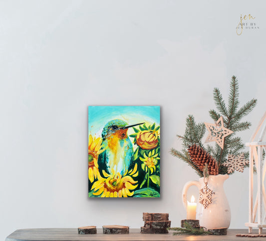"Hummingbird with Sunflowers" Original Painting