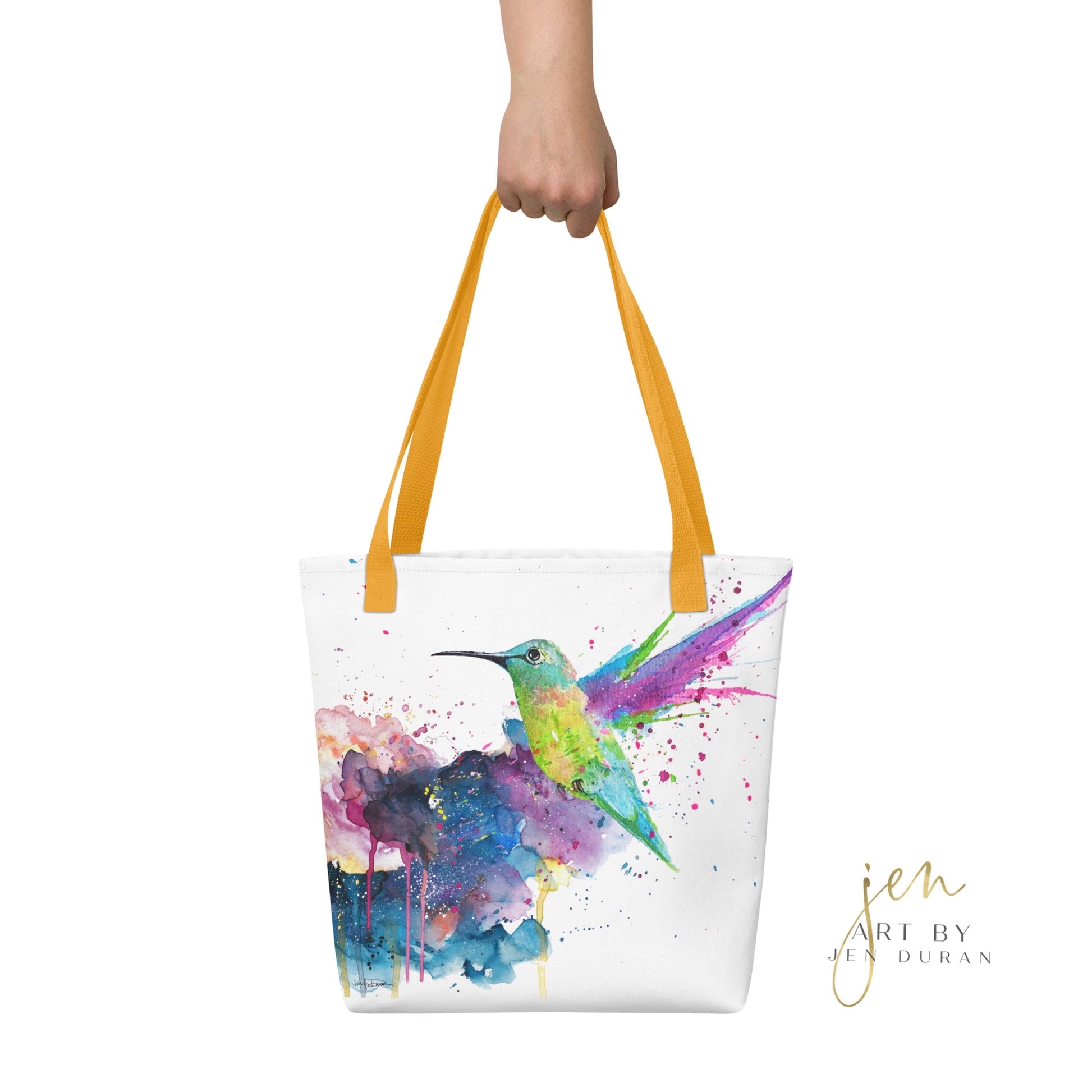 tote bag, tote bags, bag accessories, gifts for women, best gifts, christmas gift ideas, watercolor art, unique bag, trendy tote bag, trendy fashion, hummingbird art, art by jen duran