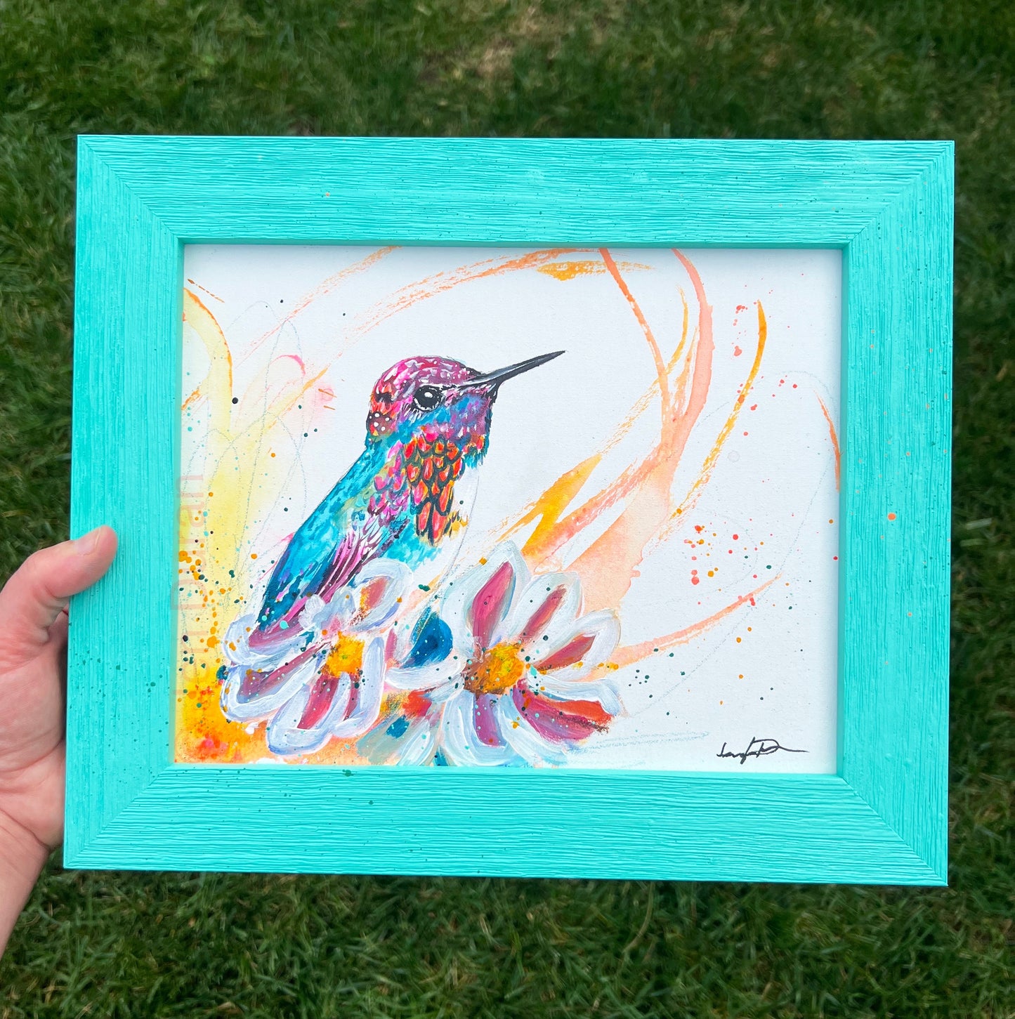 Cute Colorful Hummingbird with Flowers Original Watercolor Painting Art By Jen Duran