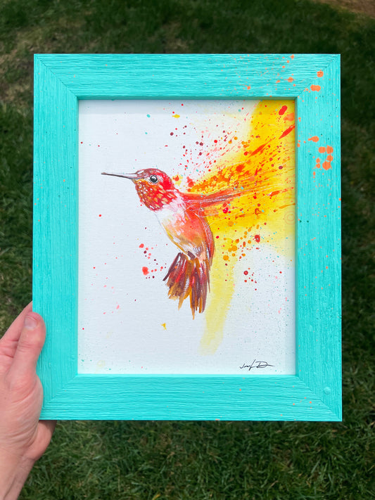 Yellow Orange Hummingbird Splatter Original Watercolor Painting | Wall Art | Home Decor