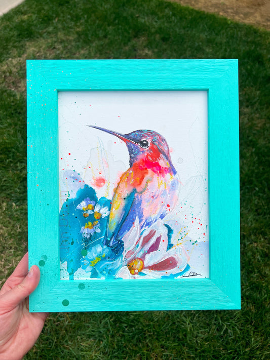 Purple Orange Hummingbird with White Flowers Original Painting