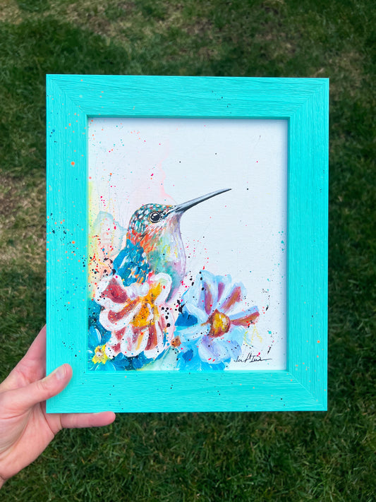 Blue & Orange Hummingbird with White Flowers Original Painting