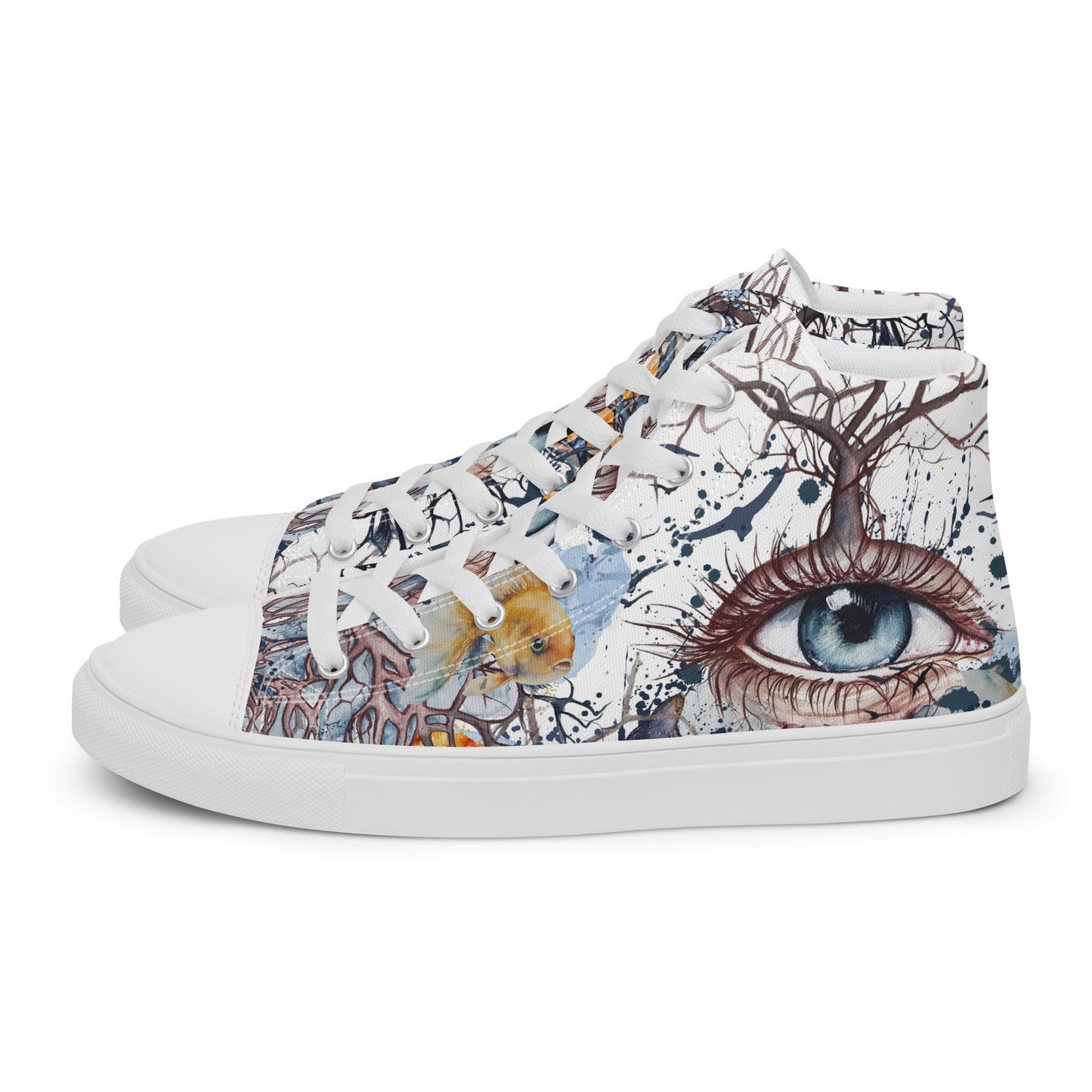 high top shoes, high top sneakers, canvas shoes, trendy shoes, eye design, popular shoes, unique shoe design, mens shoes, womens shoes, art by jen duran