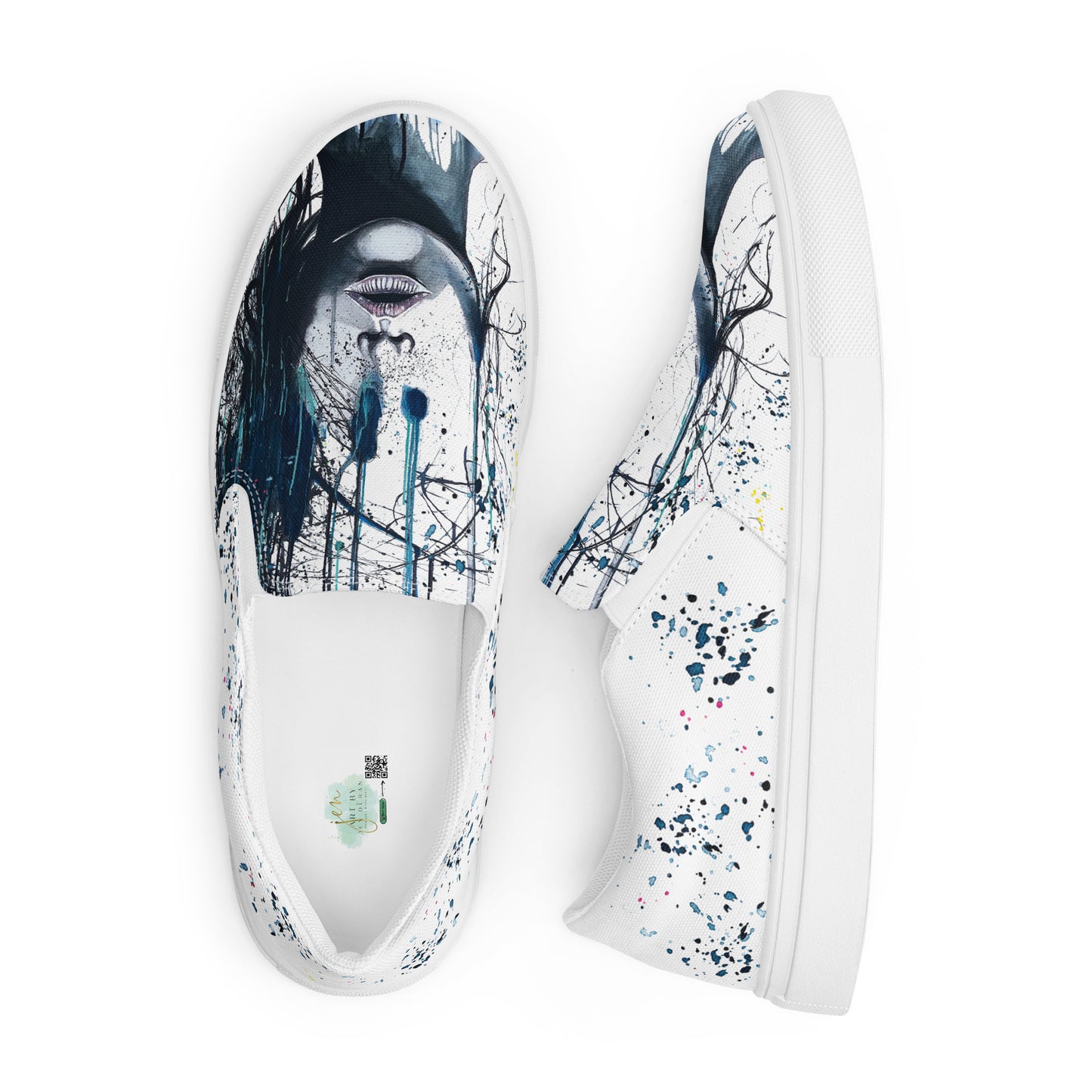 canvas slip on shoes, slip on shoes, canvas sneakers, canvas shoes, trendy fashion, unique shoe design, mens shoes, womens shoes, sneakers, art by jen duran