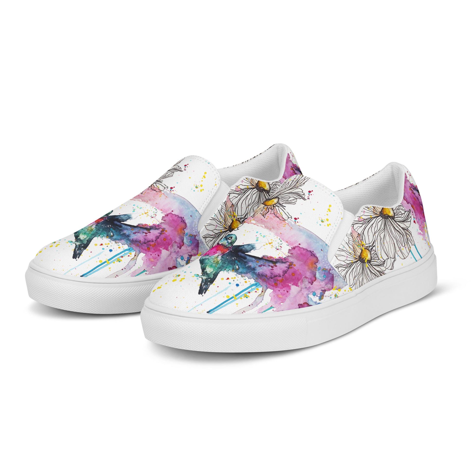 canvas slip on shoes, slip on shoes, canvas sneakers, canvas shoes, trendy fashion, unique shoe design, mens shoes, womens shoes, sneakers, art by jen duran