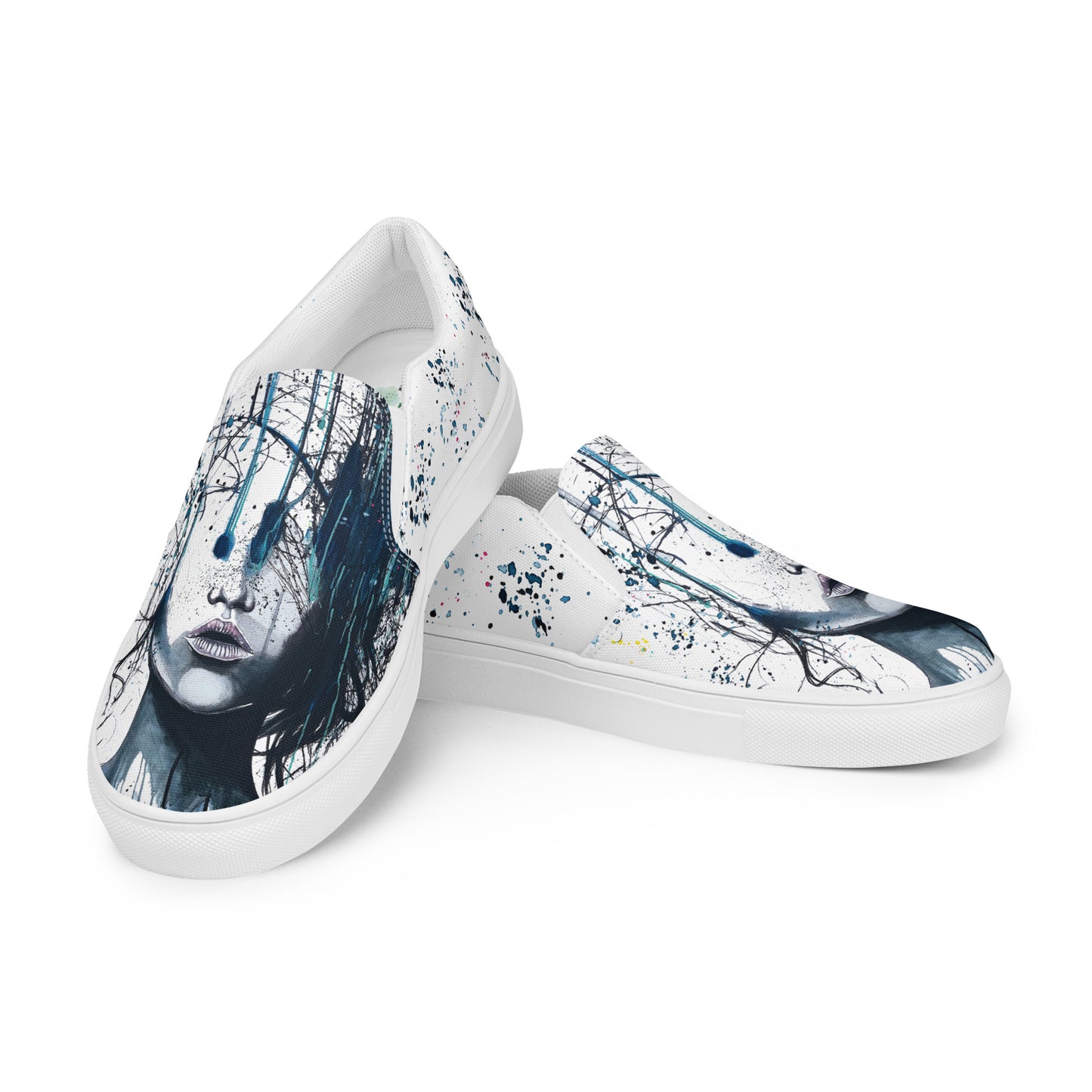 canvas slip on shoes, slip on shoes, canvas sneakers, canvas shoes, trendy fashion, unique shoe design, mens shoes, womens shoes, sneakers, art by jen duran