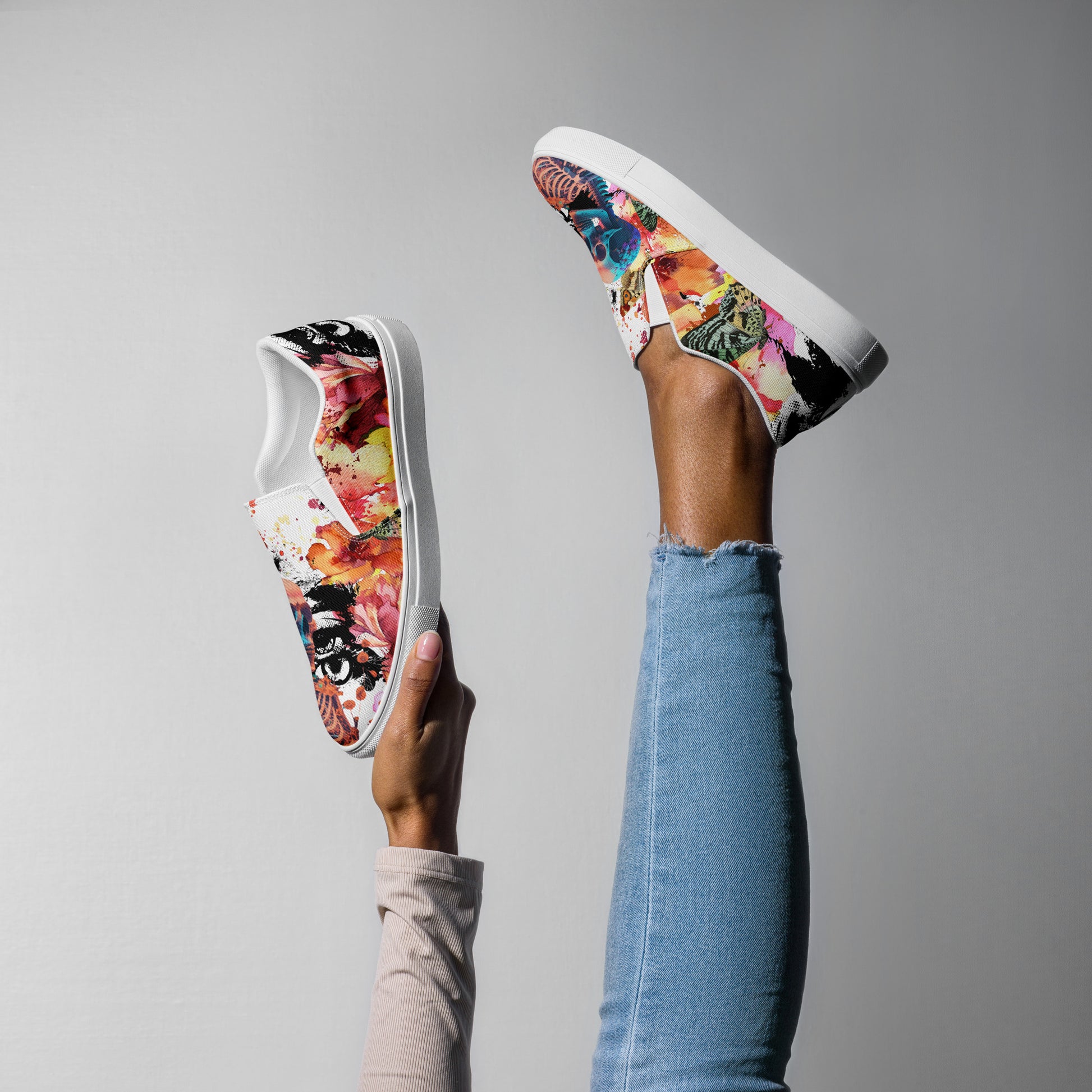 canvas slip on shoes, slip on shoes, canvas sneakers, canvas shoes, trendy fashion, unique shoe design, mens shoes, womens shoes, sneakers, art by jen duran