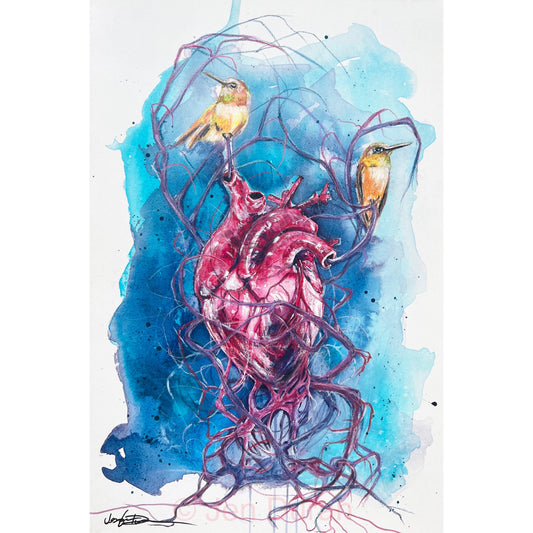 Abstract Modern Heart Watercolor Painting with Hummingbirds Wall Art By Jen Duran