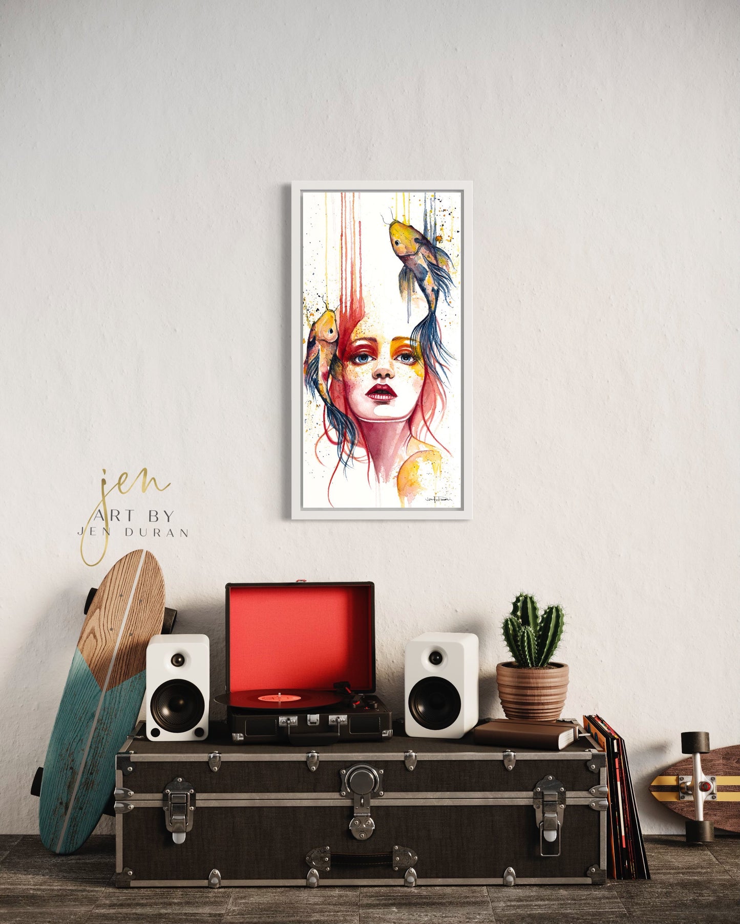 Mermaid Koi Fish Wall Art Home Decor Watercolor Painting Art By Jen Duran