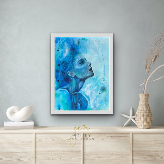Modern Ocean Sea Blue Woman Watercolor Wall Art Original Painting by Jen Duran