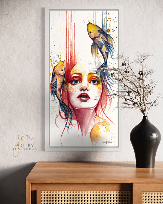 Mermaid Koi Fish Wall Art Home Decor Watercolor Painting Art By Jen Duran