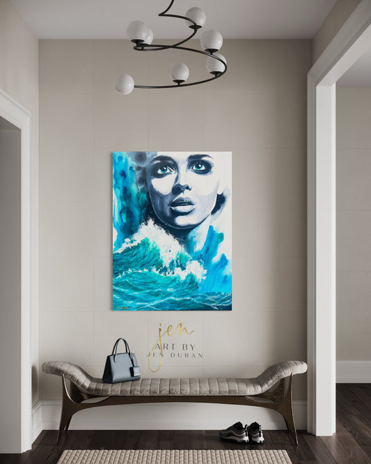 Modern Ocean Sea Wave Blue Woman Watercolor Wall Art Original Painting by Jen Duran