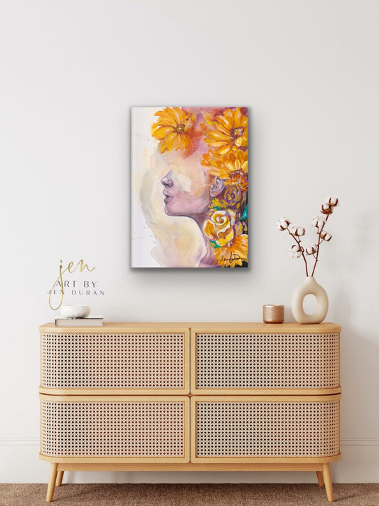 Sunflower Floral Woman Fine Art Paper Print | Wall Art