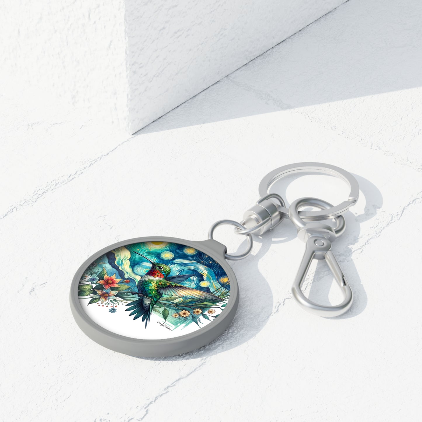 Keyring Tag - Hummingbird w/Starry Night Floral Design