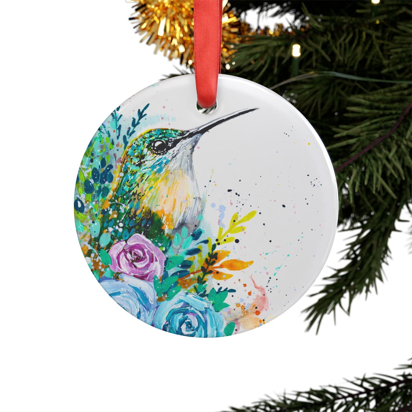 Holiday Acrylic Ornament - Hummingbird w/ Roses