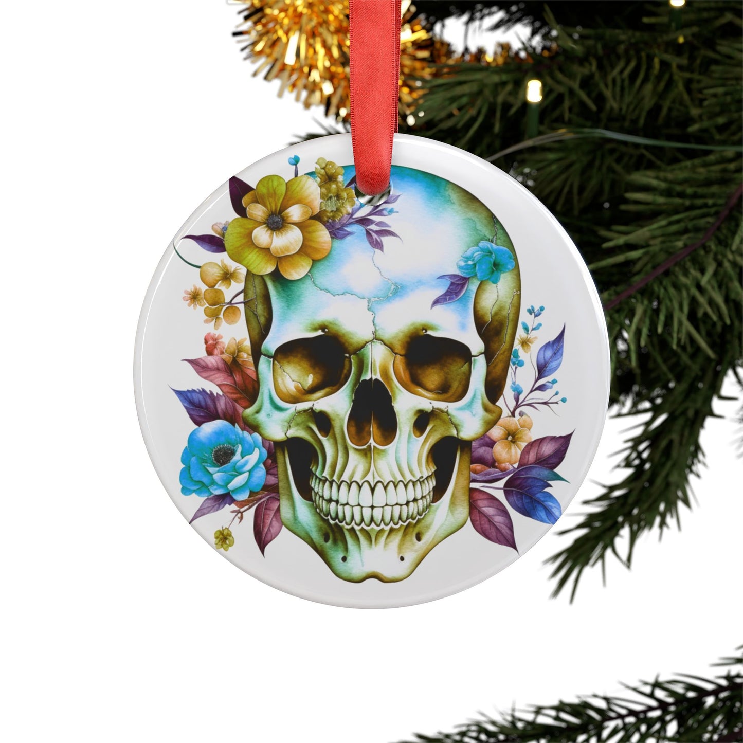 Acrylic Ornament - Skull w/Flowers Design #2