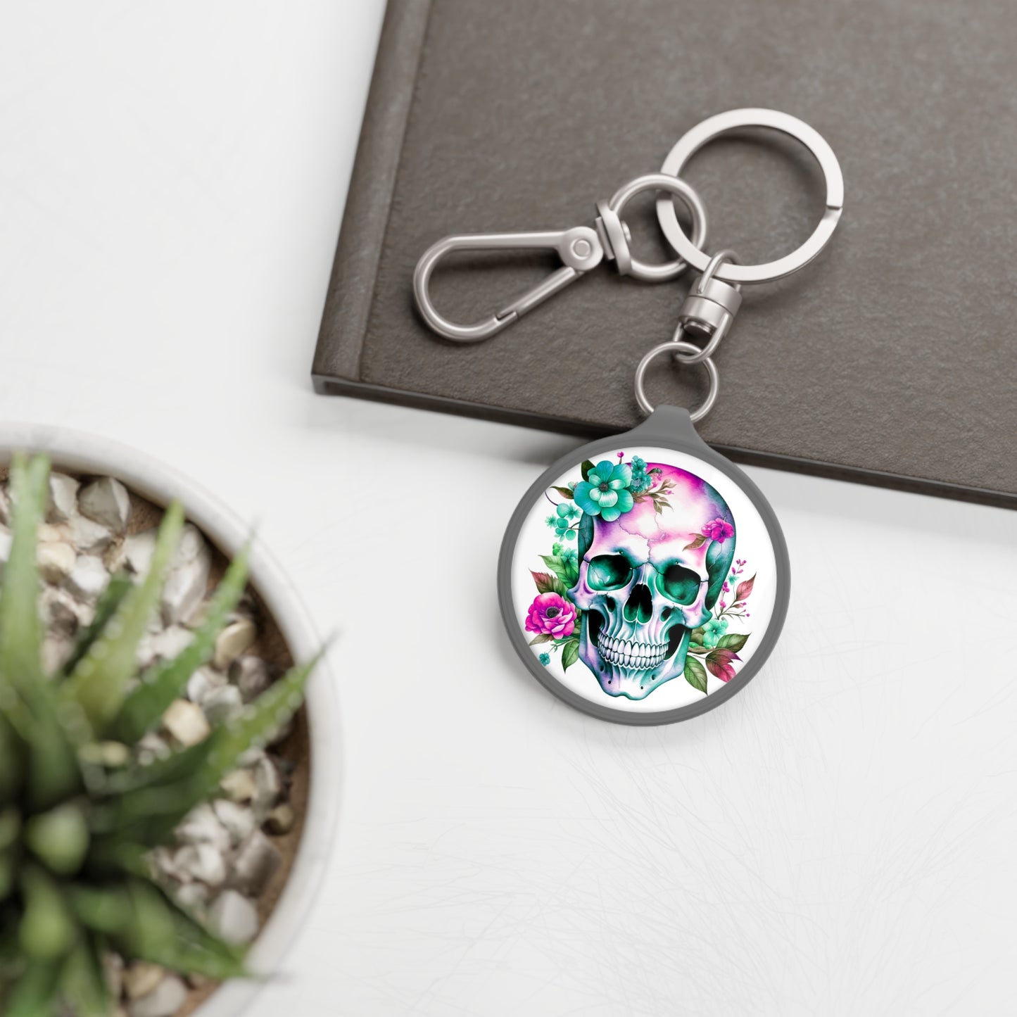 Keyring Tag - Skull w/Flowers Design