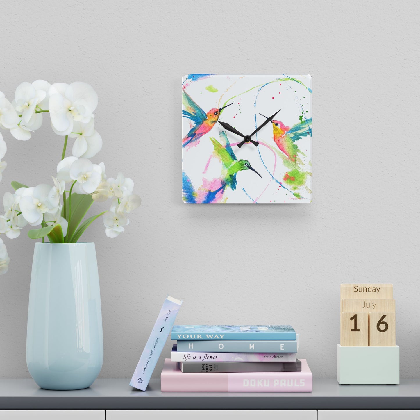 Acrylic Wall Clock - Hummingbird Trio Painting