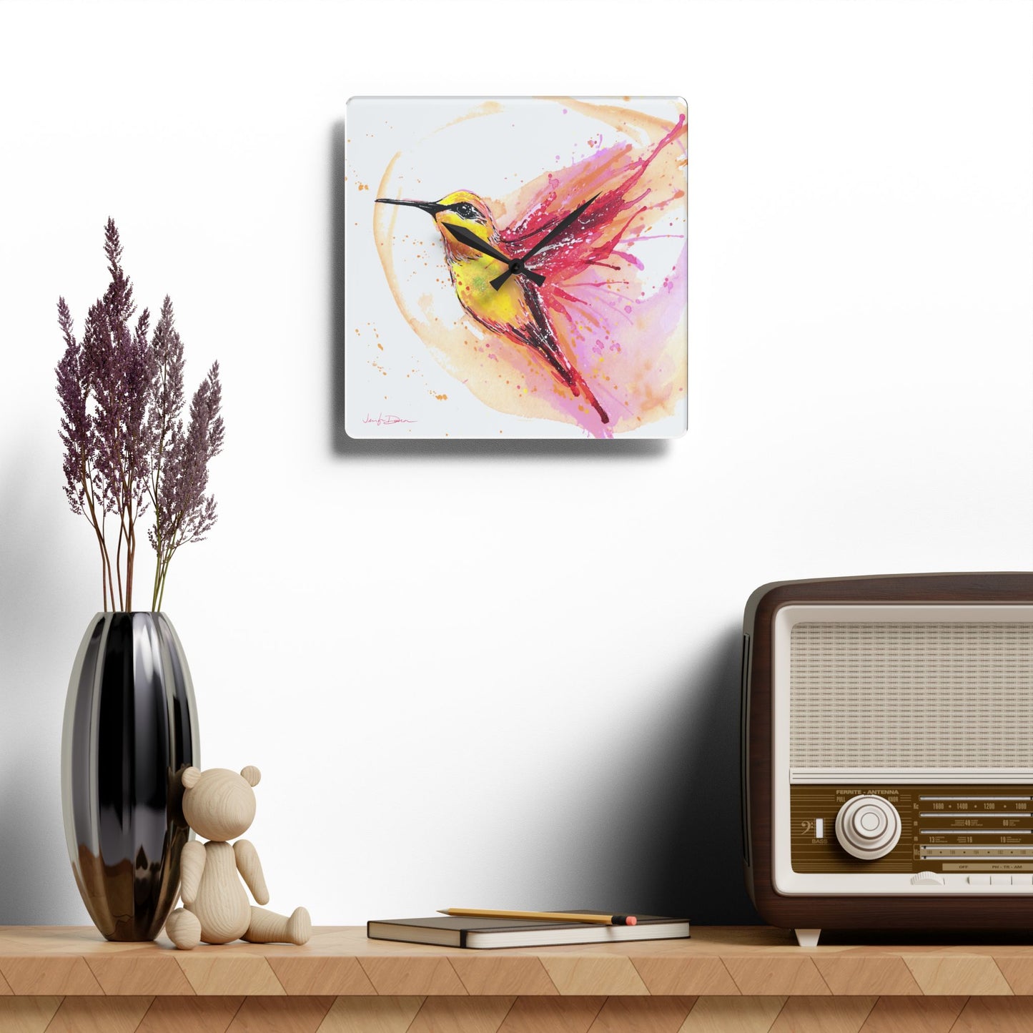 Acrylic Wall Clock - Yellow Hummingbird