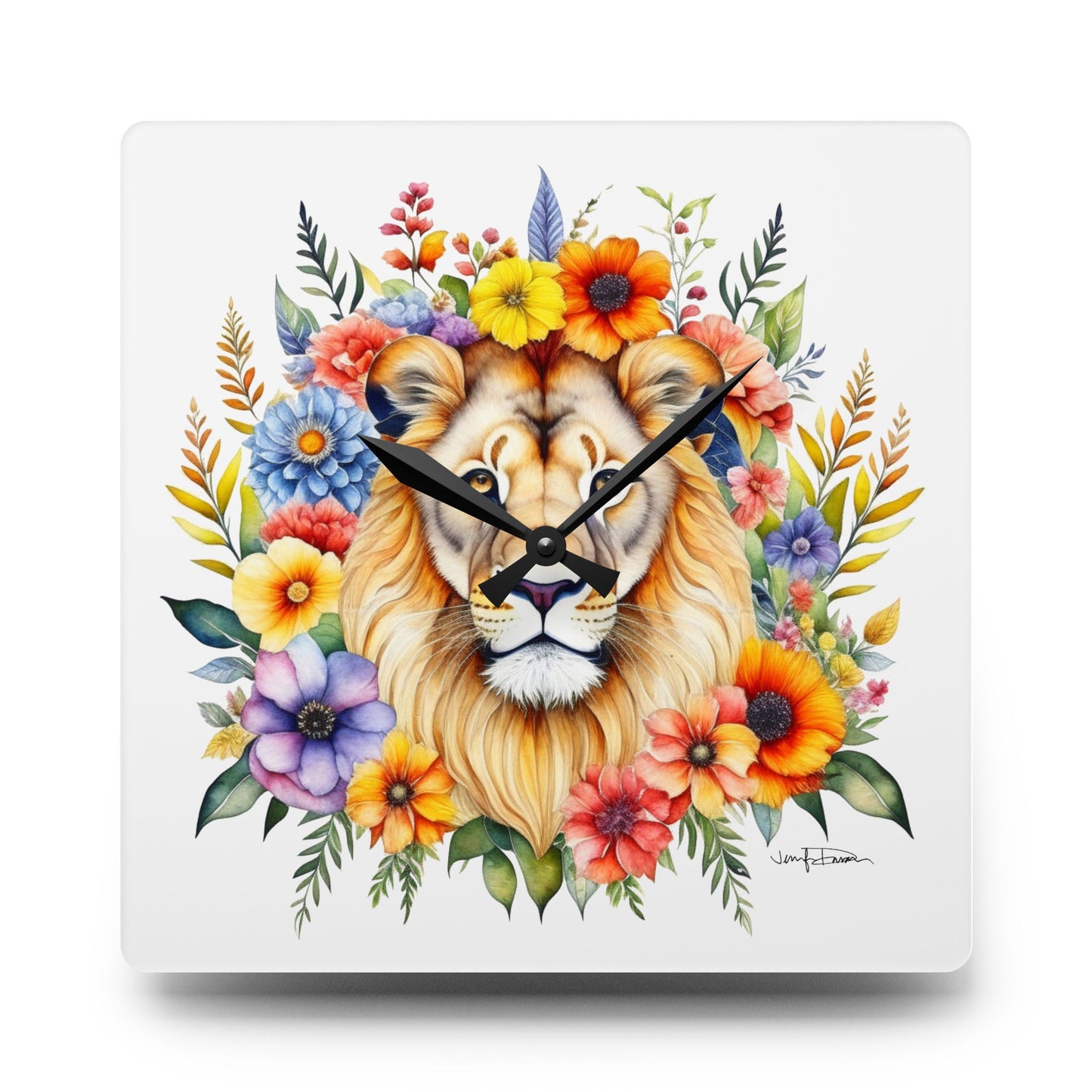 Acrylic Wall Clock - Lion w/Flowers Design