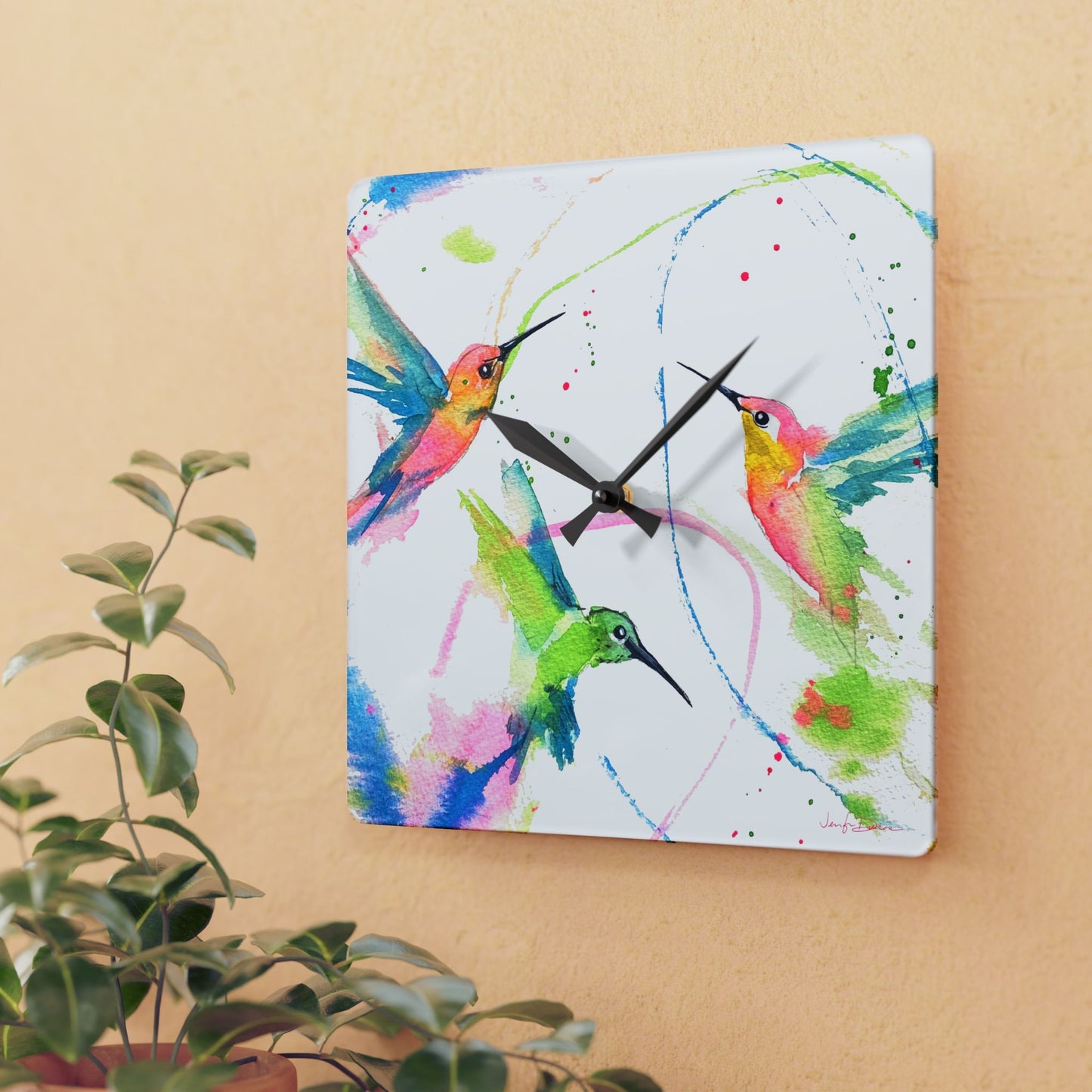 Acrylic Wall Clock - Hummingbird Trio Painting