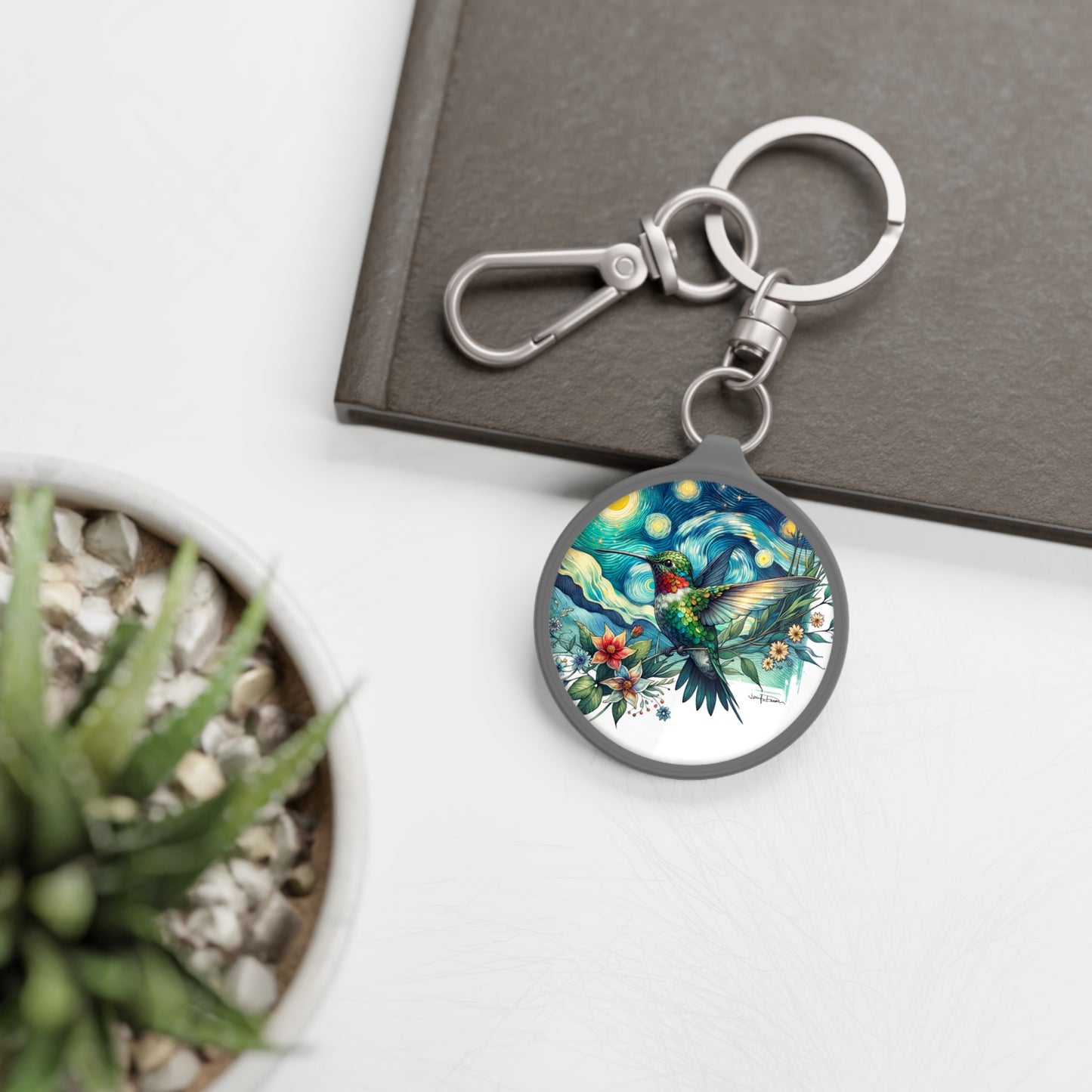 Keyring Tag - Hummingbird w/Starry Night Floral Design