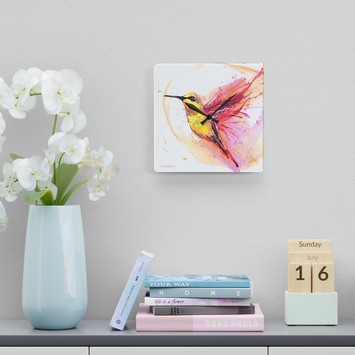 Acrylic Wall Clock - Yellow Hummingbird