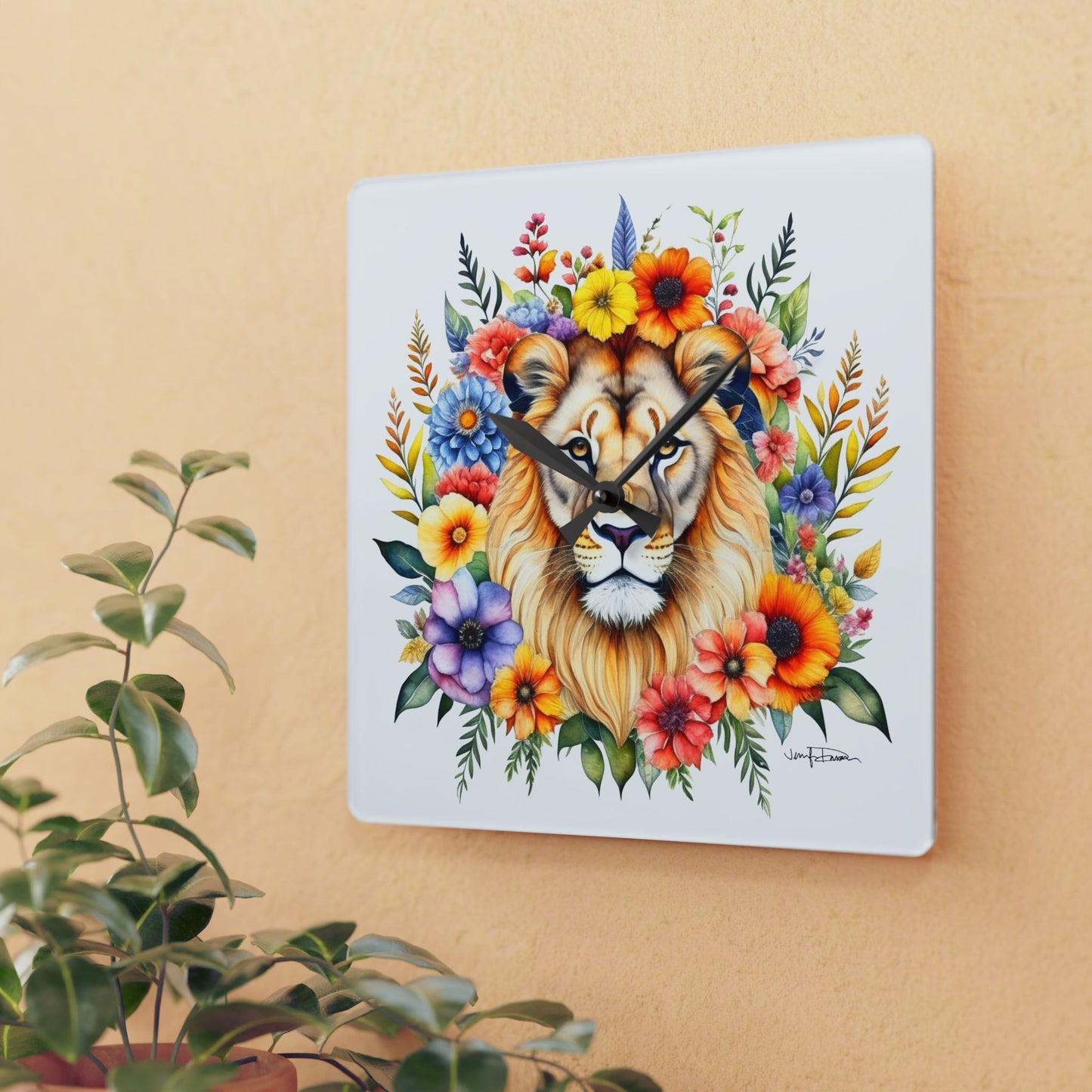 Acrylic Wall Clock - Lion w/Flowers Design