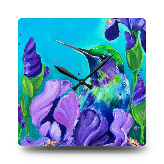 Acrylic Wall Clock - Hummingbird with Irises