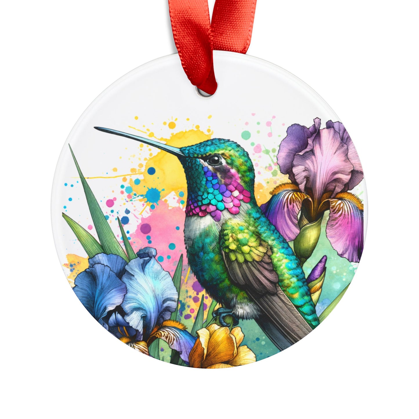 Holiday Acrylic Ornament - Hummingbird w/Irises Design