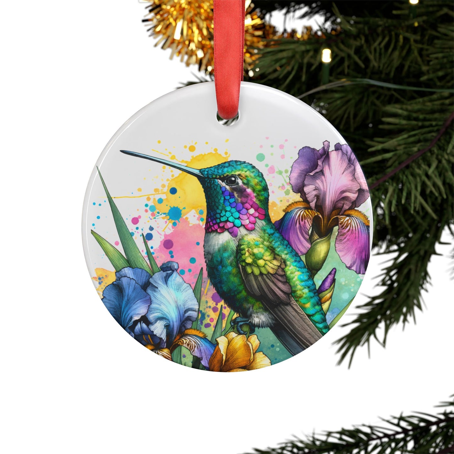 Holiday Acrylic Ornament - Hummingbird w/Irises Design