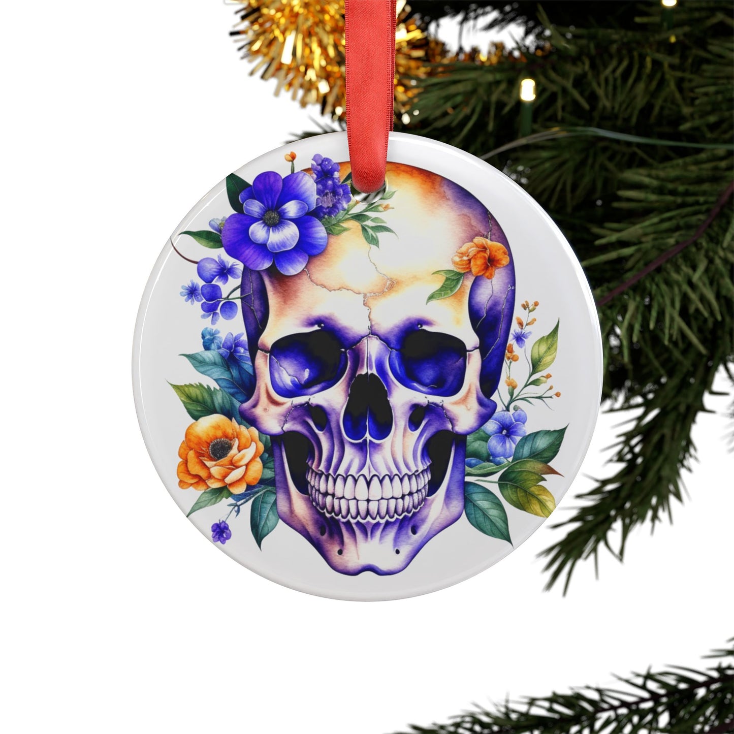 Acrylic Ornament - Skull w/Flowers Design #3