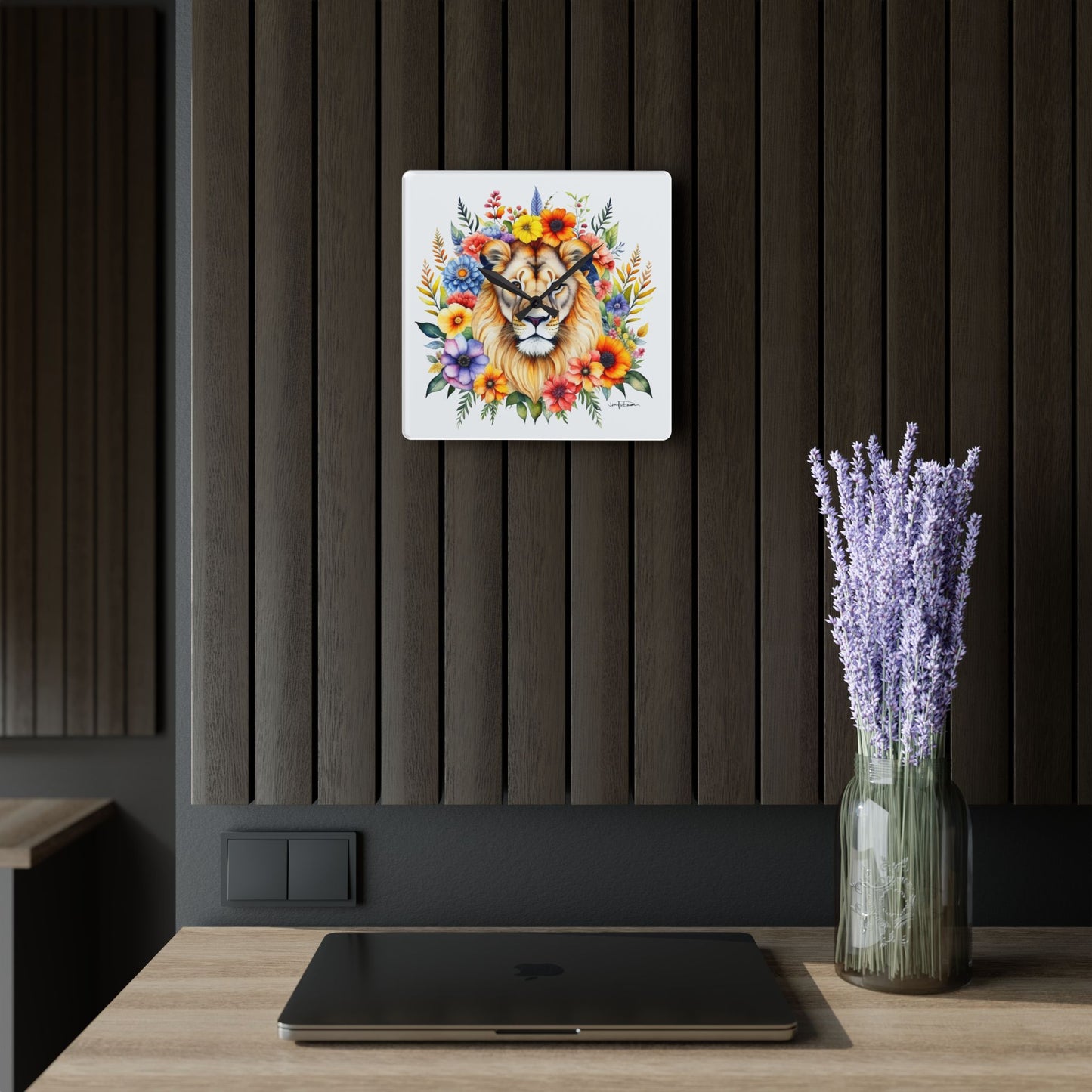 Acrylic Wall Clock - Lion w/Flowers Design