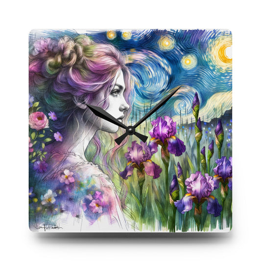 Acrylic Wall Clock - Girl w/ Irises Design