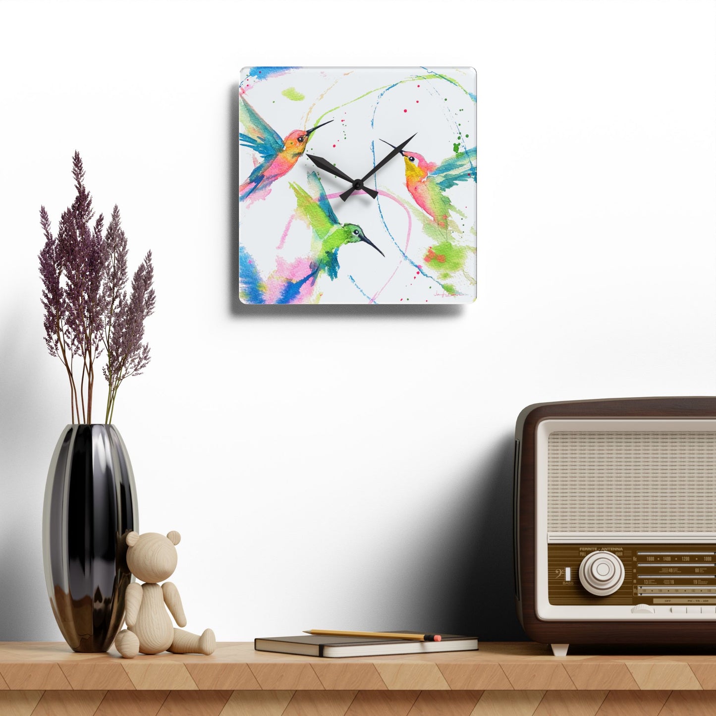 Acrylic Wall Clock - Hummingbird Trio Painting