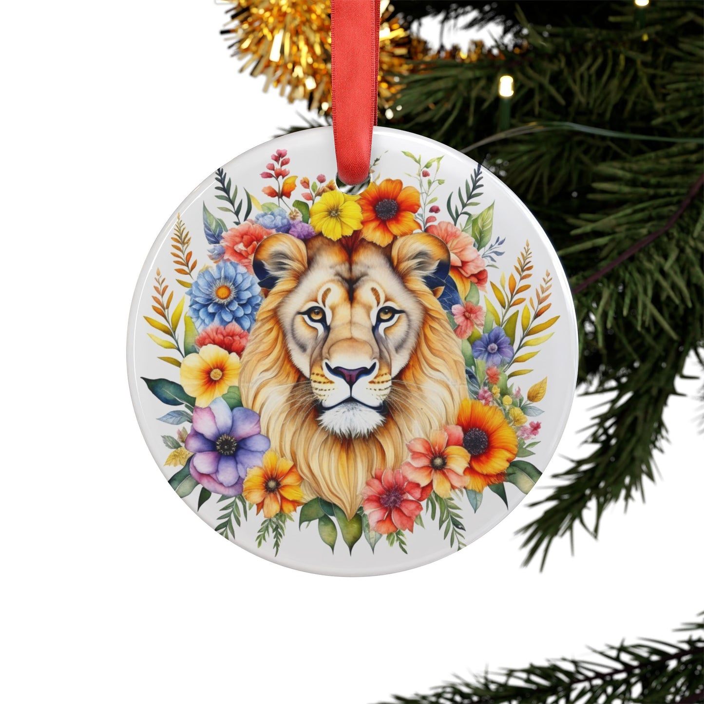 Acrylic Ornament - Lion w/Flowers