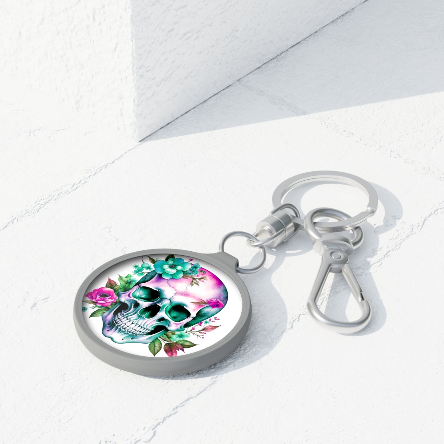 Keyring Tag - Skull w/Flowers Design